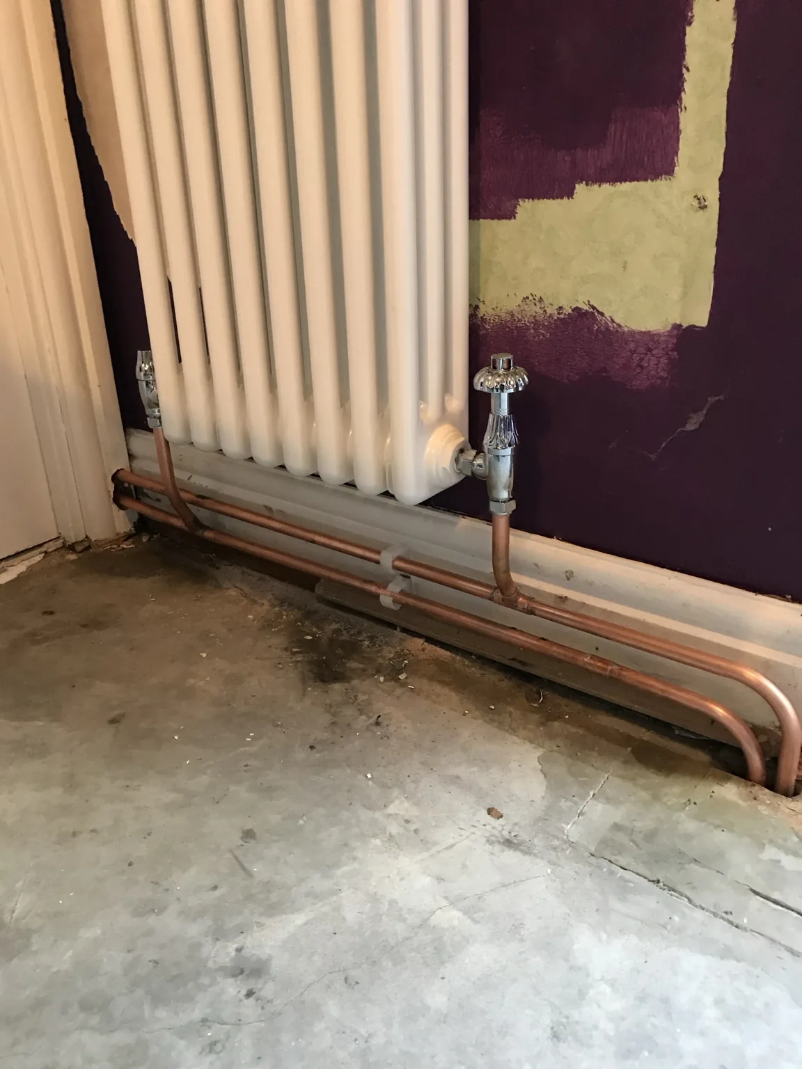 Radiator and heating pipework installation